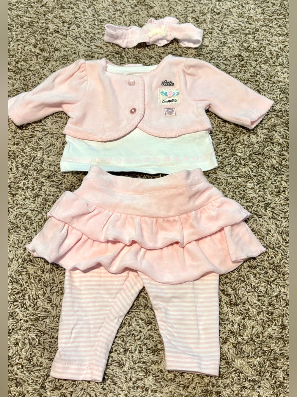 VTG Little Wonders Pink Velour 3-Piece Baby Girl Outfit Set 0-7 lbs